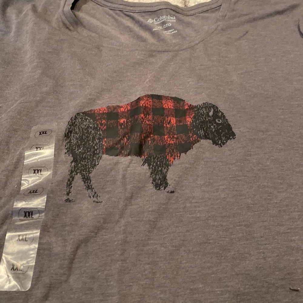 Columbia t shirt with buffalo plaid graphic